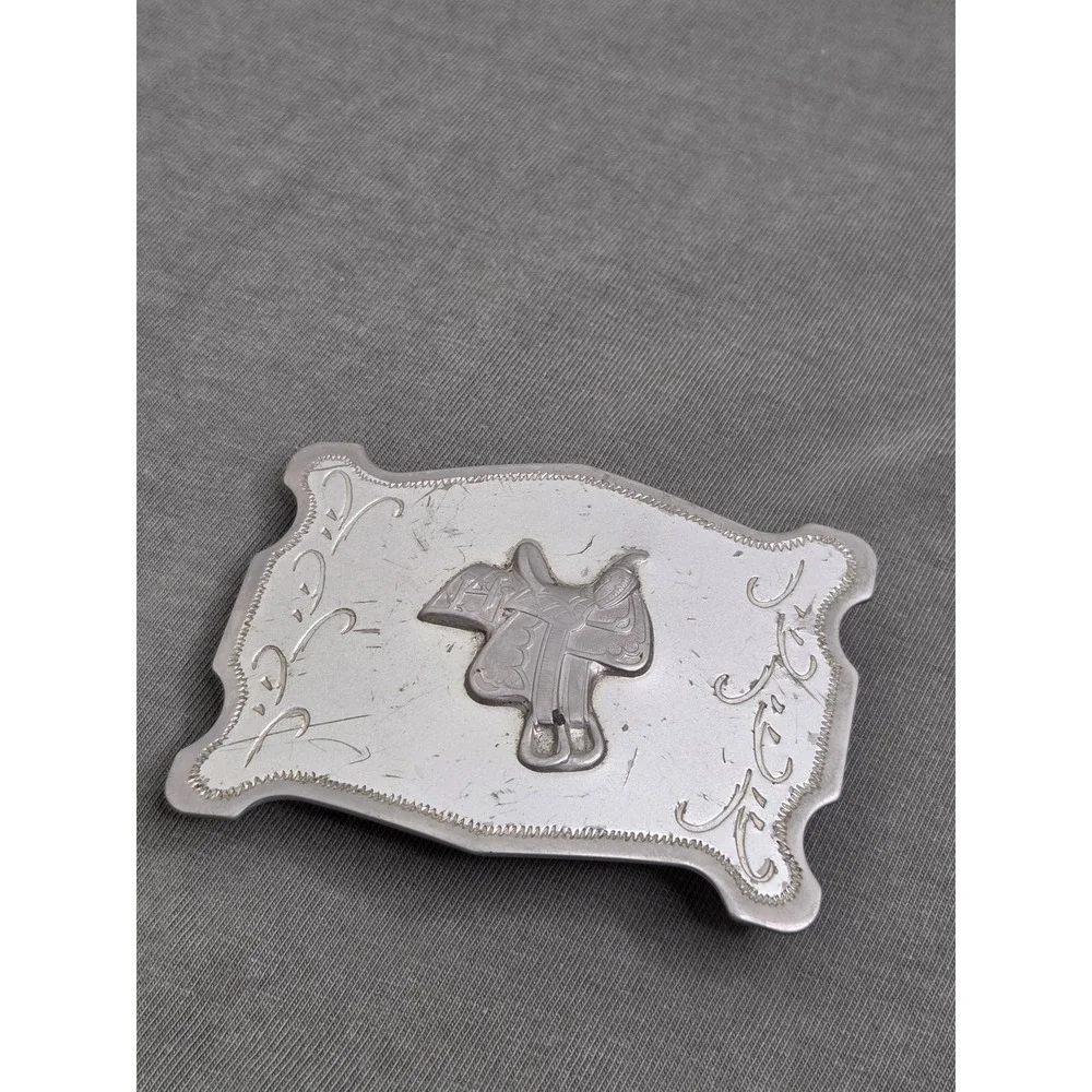 Vintage Nickel Western Saddle Rodeo Cowboy Belt Buckle